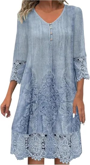Women's Vintage Floral Crochet T-Shirt Dress Lace Embroidered Short Dresses 3/4 Sleeve V-Neck Loose Mini Sundress