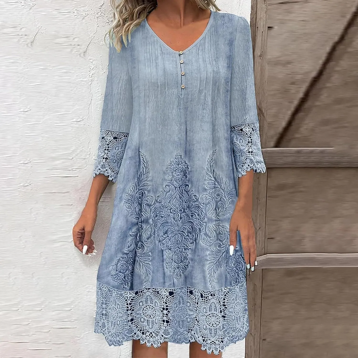 Women's Vintage Floral Crochet T-Shirt Dress Lace Embroidered Short Dresses 3/4 Sleeve V-Neck Loose Mini Sundress
