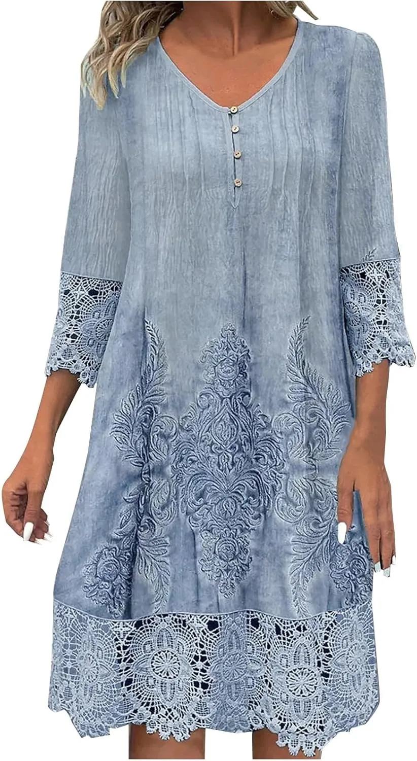 Women's Vintage Floral Crochet T-Shirt Dress Lace Embroidered Short Dresses 3/4 Sleeve V-Neck Loose Mini Sundress