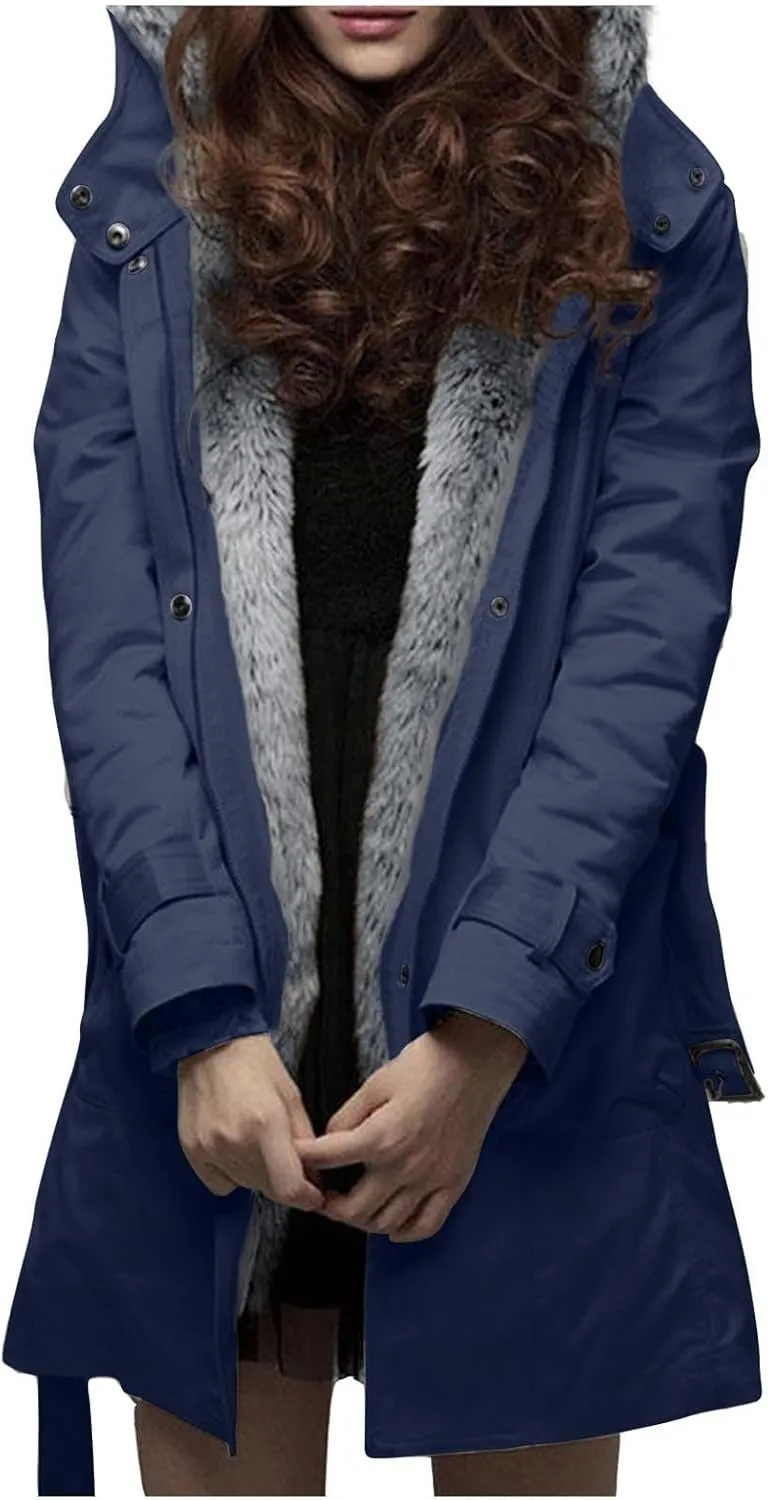 Womens Warm Winter Coats Fuzzy Fleece Lined Parka Slim Fit Thicken Sherpa Hooded Long Jackets Outerwear