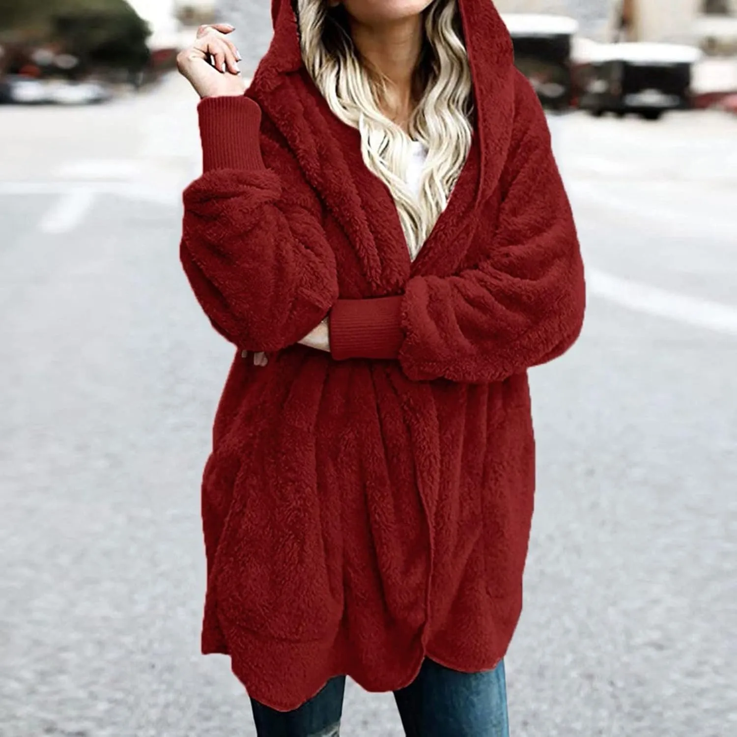 Womens Winter Coats Baggy Comfy Shaggy Sherpa Jacket Oversized Fleece Outwear Casual Open Front Cardigan fith Pockets