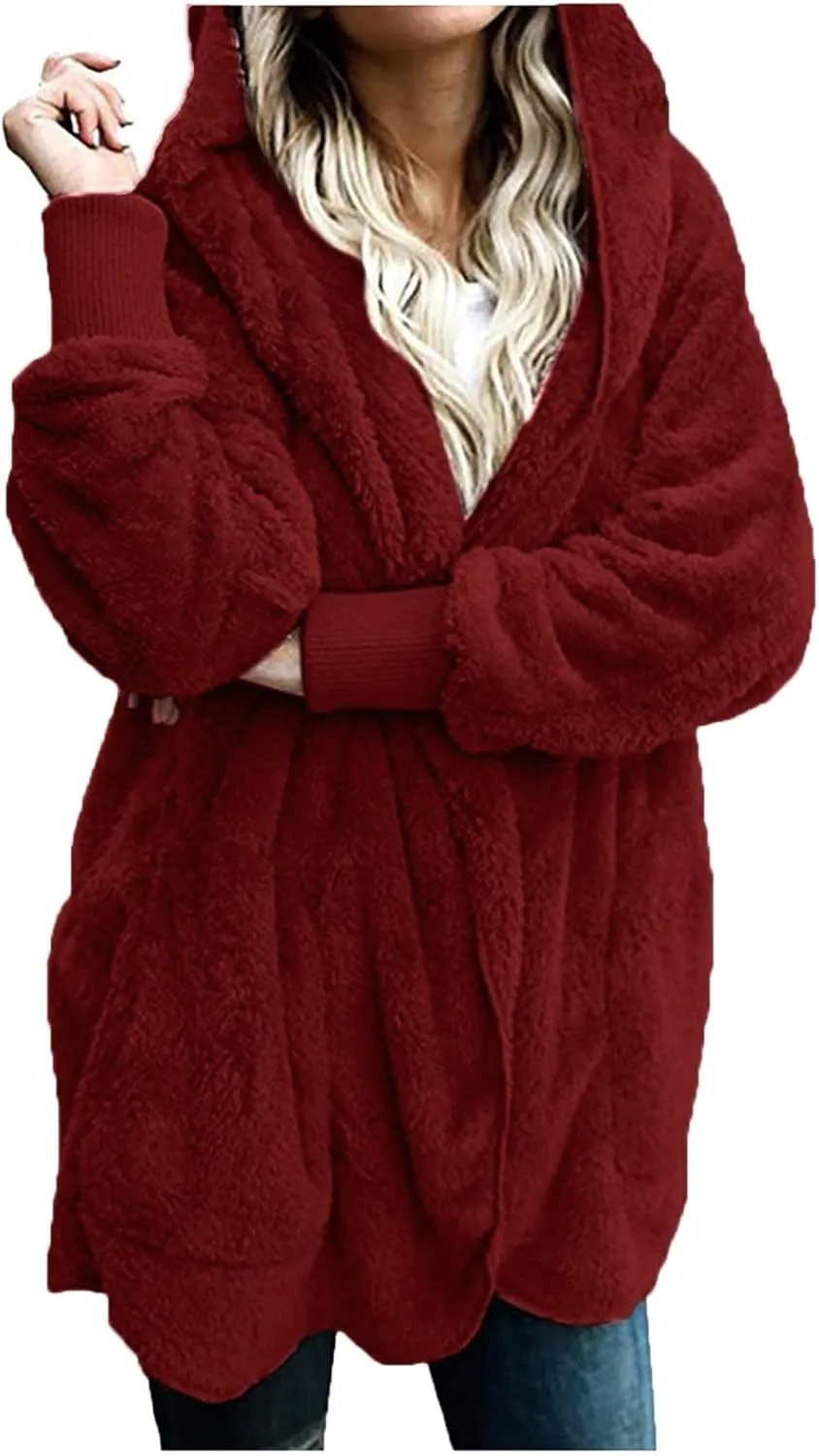 Womens Winter Coats Baggy Comfy Shaggy Sherpa Jacket Oversized Fleece Outwear Casual Open Front Cardigan fith Pockets