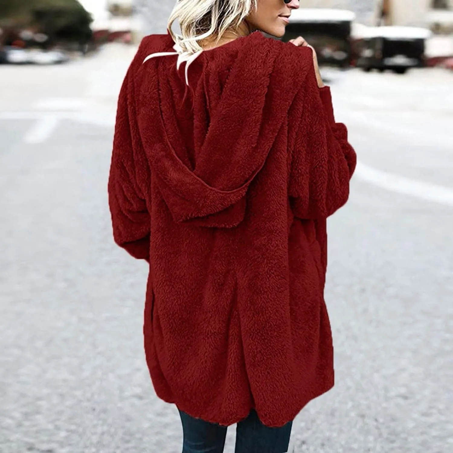 Womens Winter Coats Baggy Comfy Shaggy Sherpa Jacket Oversized Fleece Outwear Casual Open Front Cardigan fith Pockets