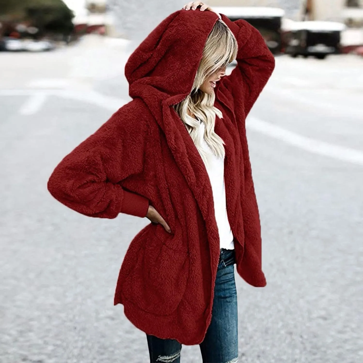 Womens Winter Coats Baggy Comfy Shaggy Sherpa Jacket Oversized Fleece Outwear Casual Open Front Cardigan fith Pockets