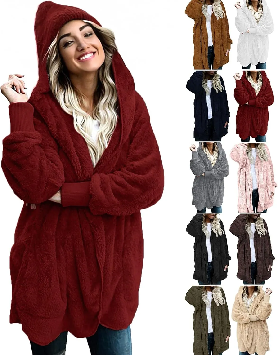 Womens Winter Coats Baggy Comfy Shaggy Sherpa Jacket Oversized Fleece Outwear Casual Open Front Cardigan fith Pockets