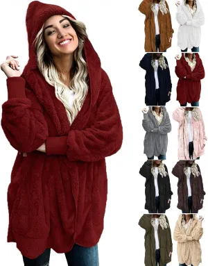 Womens Winter Coats Baggy Comfy Shaggy Sherpa Jacket Oversized Fleece Outwear Casual Open Front Cardigan fith Pockets