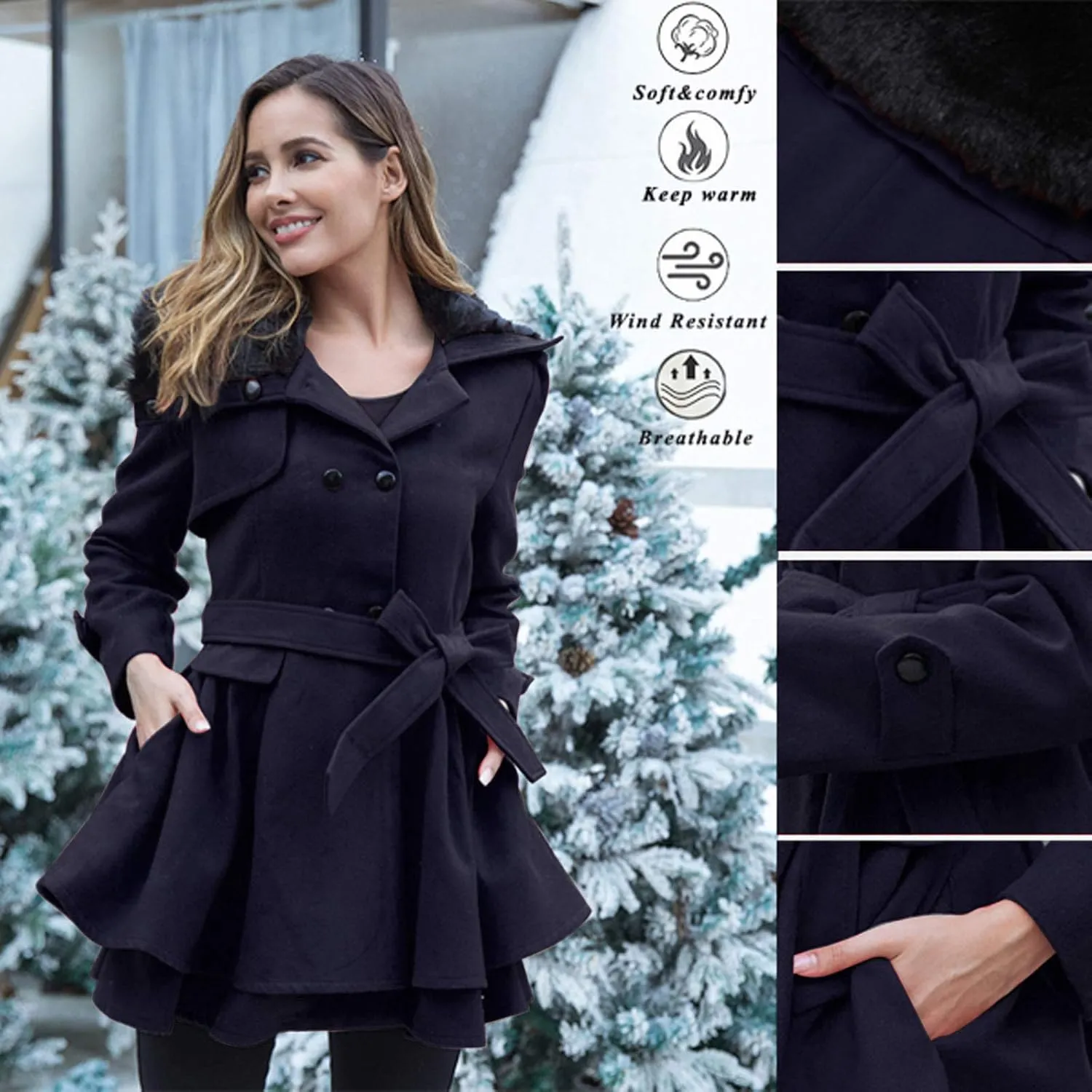 Womens Winter Coats Basic Collar Open Front Belted Wool Coat Casual Fashion Trench Coat Elegant Peacoat with Hood
