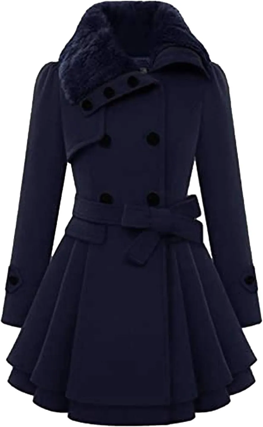Womens Winter Coats Basic Collar Open Front Belted Wool Coat Casual Fashion Trench Coat Elegant Peacoat with Hood