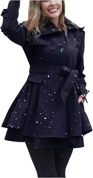 Womens Winter Coats Basic Collar Open Front Belted Wool Coat Casual Fashion Trench Coat Elegant Peacoat with Hood