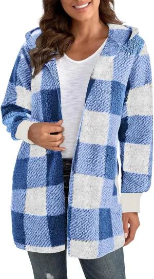 Womens Winter Coats Warm Plush Jackets Open Front Long Sleeve Cardigan Trendy Plaid Fuzzy Outerwear