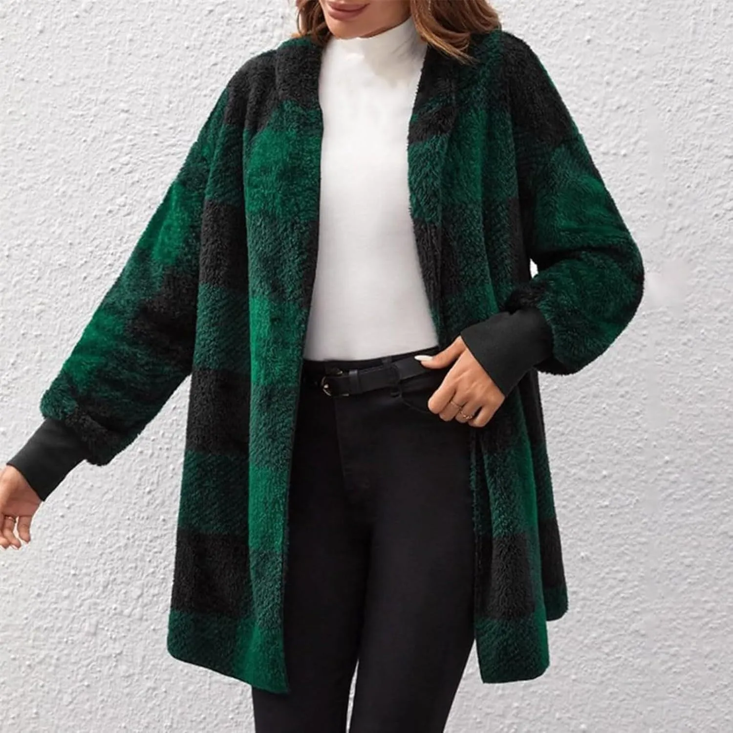 Womens Winter Coats Warm Plush Jackets Open Front Long Sleeve Cardigan Trendy Plaid Fuzzy Outerwear