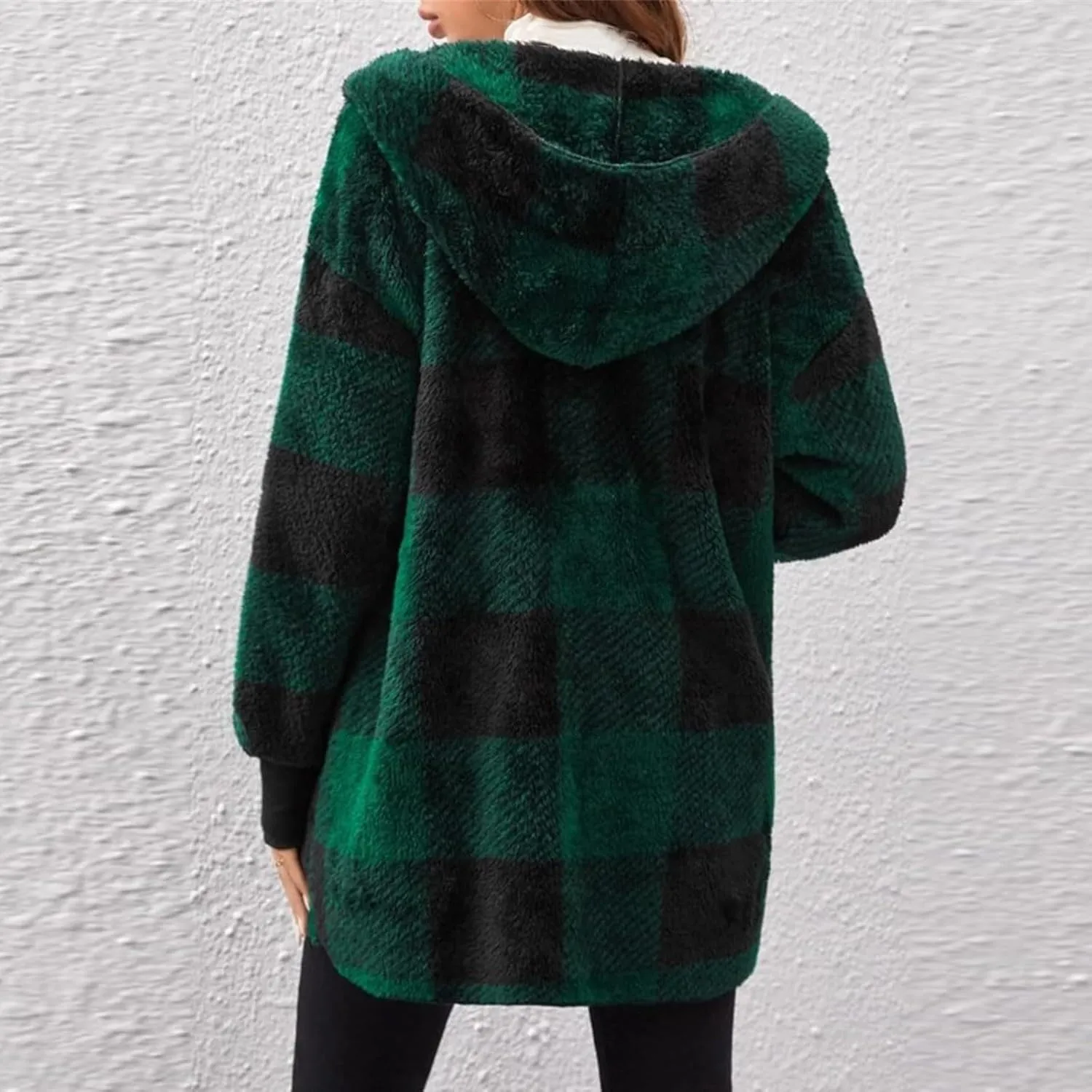 Womens Winter Coats Warm Plush Jackets Open Front Long Sleeve Cardigan Trendy Plaid Fuzzy Outerwear