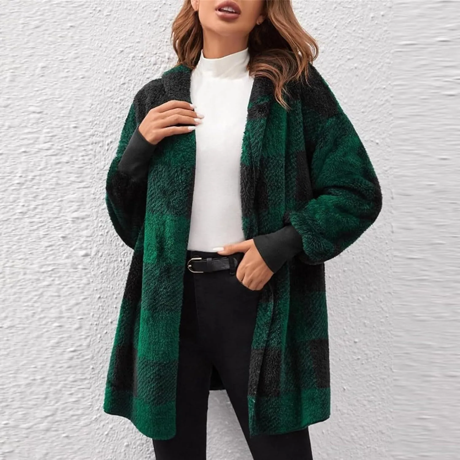 Womens Winter Coats Warm Plush Jackets Open Front Long Sleeve Cardigan Trendy Plaid Fuzzy Outerwear