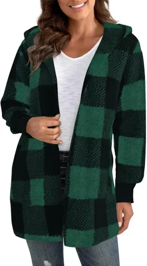 Womens Winter Coats Warm Plush Jackets Open Front Long Sleeve Cardigan Trendy Plaid Fuzzy Outerwear