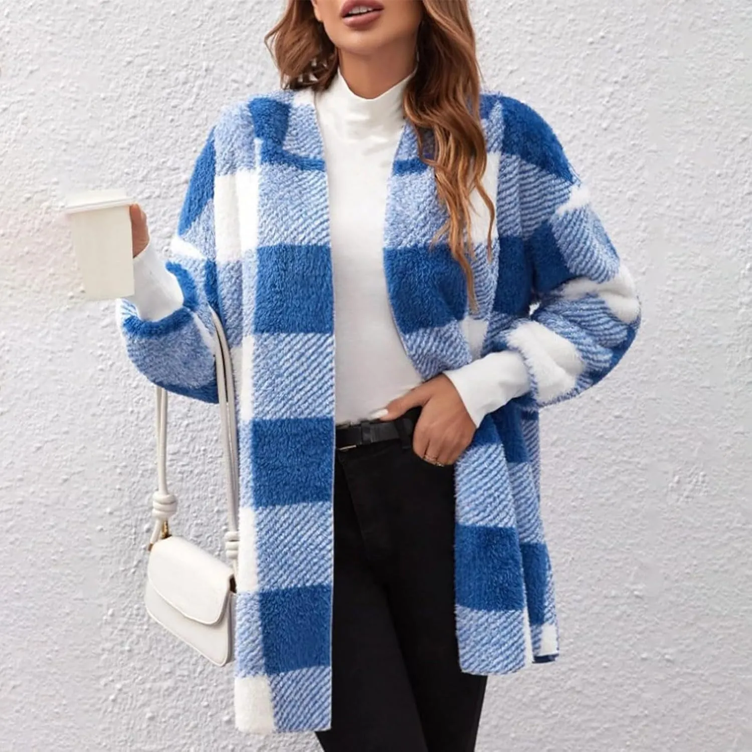 Womens Winter Coats Warm Plush Jackets Open Front Long Sleeve Cardigan Trendy Plaid Fuzzy Outerwear