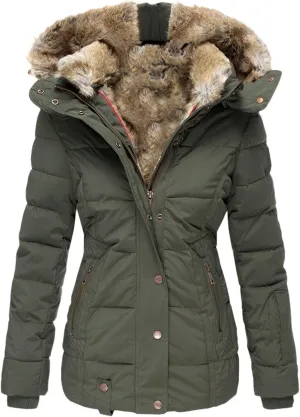 Womens Winter Coats Zip Hooded Faux Fur Inside Down Jackets Fleece Lined Padded Coat Thick Warm Windproof Trench Coat