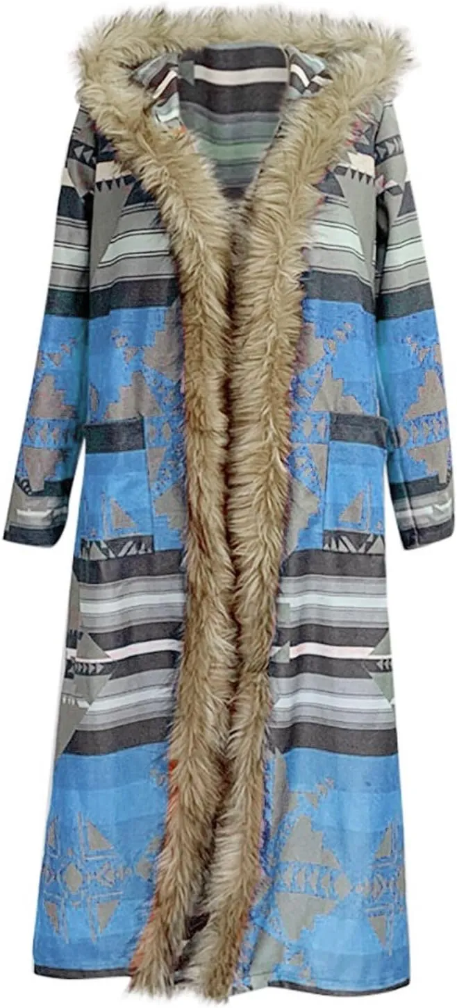 Womens Winter Long Faux Fur Jacket Open Front Coat Vintage Western Print Fuzzy Hooded Cardigan Jackets Warm Outerwear