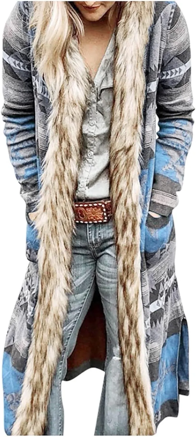 Womens Winter Long Faux Fur Jacket Open Front Coat Vintage Western Print Fuzzy Hooded Cardigan Jackets Warm Outerwear