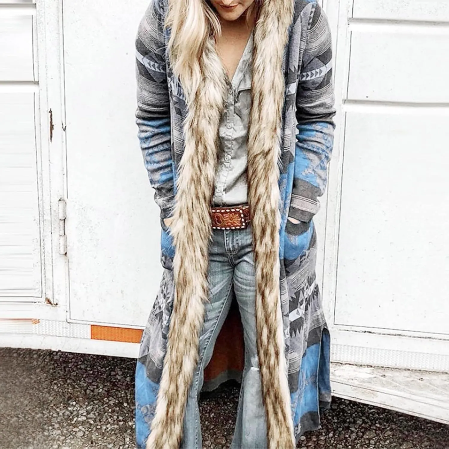 Womens Winter Long Faux Fur Jacket Open Front Coat Vintage Western Print Fuzzy Hooded Cardigan Jackets Warm Outerwear
