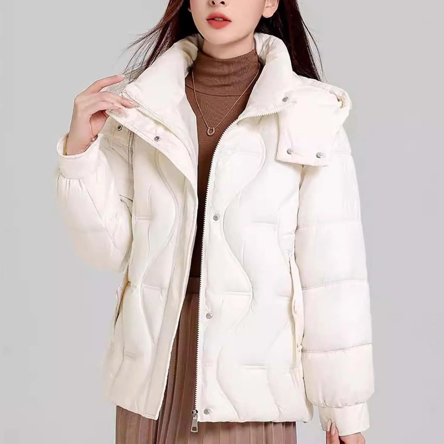 Women's Winter Thickened Hooded Cotton Coat Windproof Warm Padded Puffer Jacket Casual Mock Neck Zipper Parka Coats