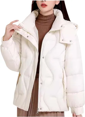 Women's Winter Thickened Hooded Cotton Coat Windproof Warm Padded Puffer Jacket Casual Mock Neck Zipper Parka Coats