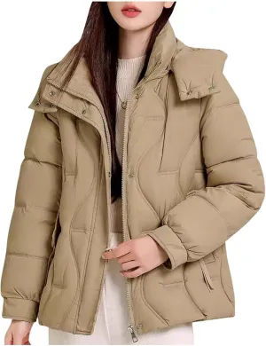 Women's Winter Thickened Hooded Cotton Coat Windproof Warm Padded Puffer Jacket Casual Mock Neck Zipper Parka Coats