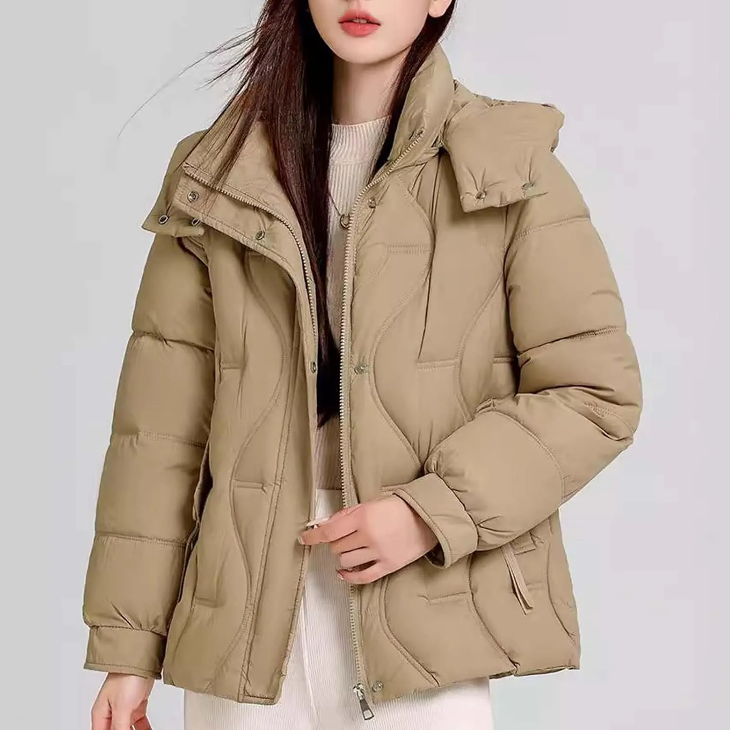 Women's Winter Thickened Hooded Cotton Coat Windproof Warm Padded Puffer Jacket Casual Mock Neck Zipper Parka Coats