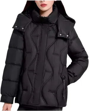 Women's Winter Thickened Hooded Cotton Coat Windproof Warm Padded Puffer Jacket Casual Mock Neck Zipper Parka Coats