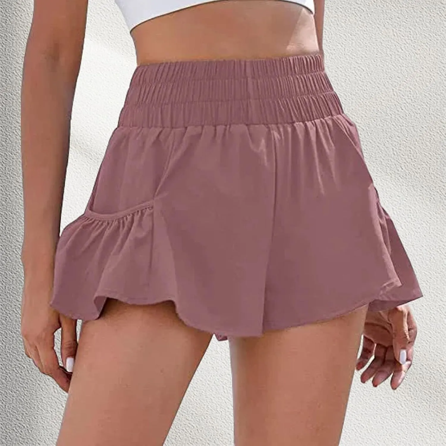 Women's Workout Skirt Ruffle Hem Athletic Running Skorts Elastic High Waisted Wide Leg Lightweight Gym Shorts with Pockets