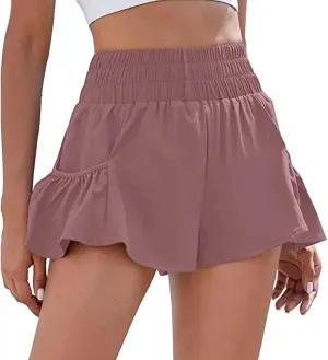 Women's Workout Skirt Ruffle Hem Athletic Running Skorts Elastic High Waisted Wide Leg Lightweight Gym Shorts with Pockets