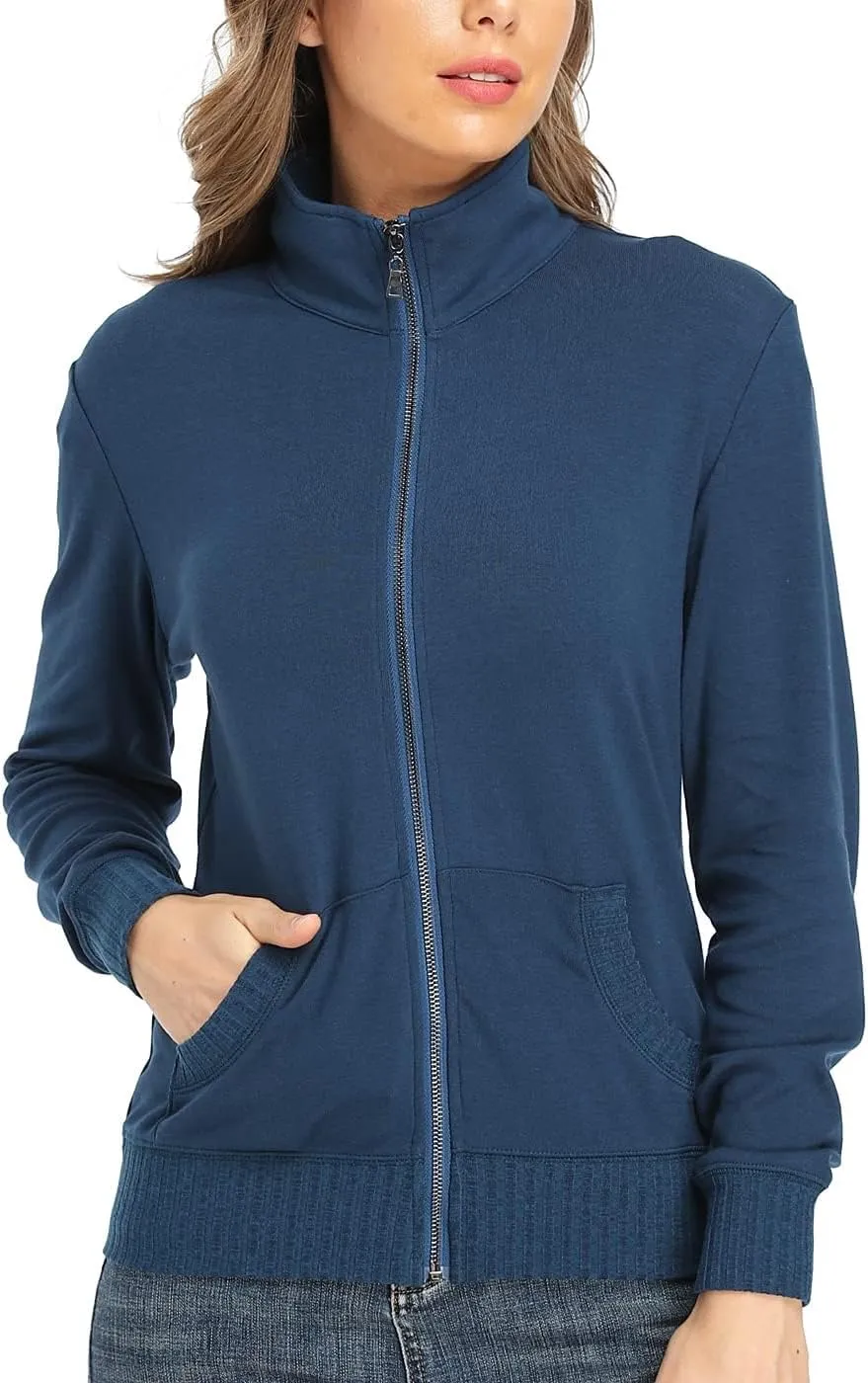 Women's Zip up Sweatshirt Jacket Stand Collar Hoodless Running Sweatshirt with Pockets