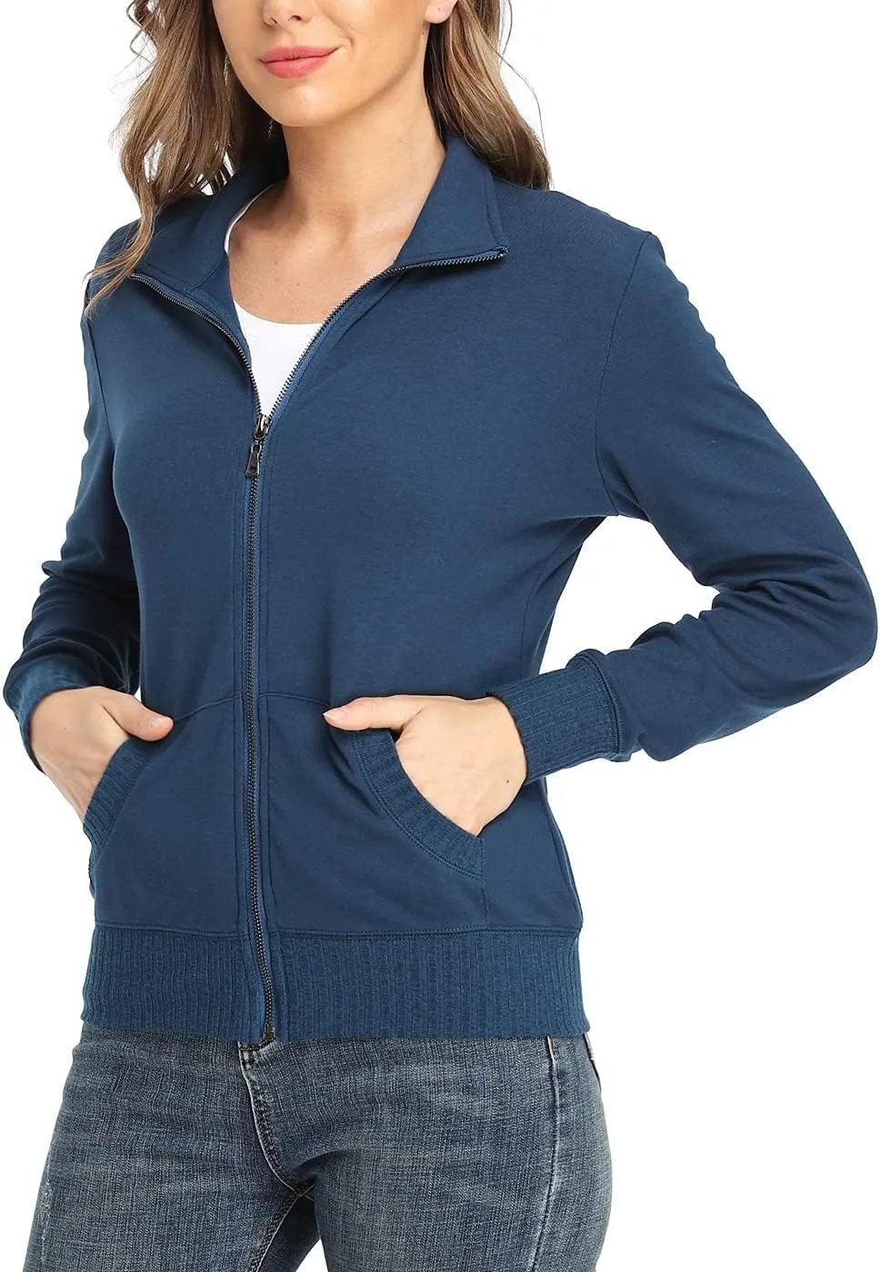 Women's Zip up Sweatshirt Jacket Stand Collar Hoodless Running Sweatshirt with Pockets