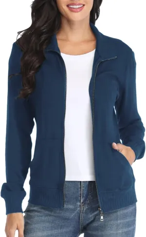 Women's Zip up Sweatshirt Jacket Stand Collar Hoodless Running Sweatshirt with Pockets