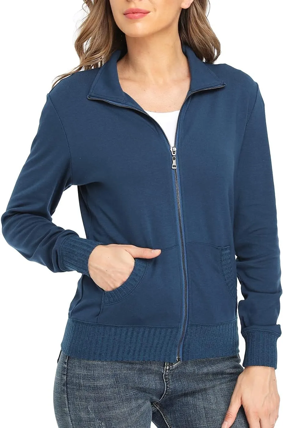 Women's Zip up Sweatshirt Jacket Stand Collar Hoodless Running Sweatshirt with Pockets
