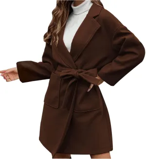 Wool Coats for Women Casual Open Front Winter Trench Coat Oversized Notch Lapel Thicken Bussiness Jacket With Belts