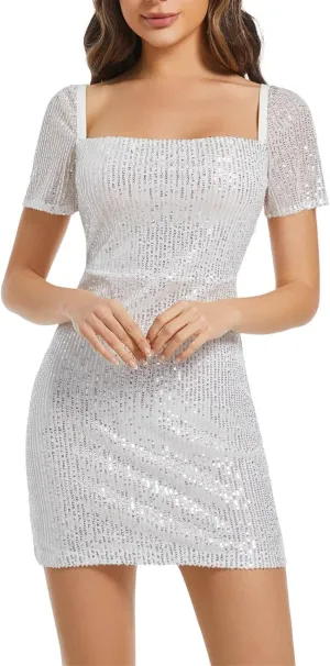 Xiaojmake Short Sleeve Sequin Homecoming Dresses Ladies Short Graduation Prom Cocktail Dance Dress Ruched Bodycon Mini Dress