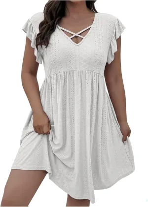 Xiaojmake Summer Casual Boho Dresses for Women 2025 A-Line Ruffle Sleeve Dress Keyhole Beach Vacation Flowy Mini Dresses