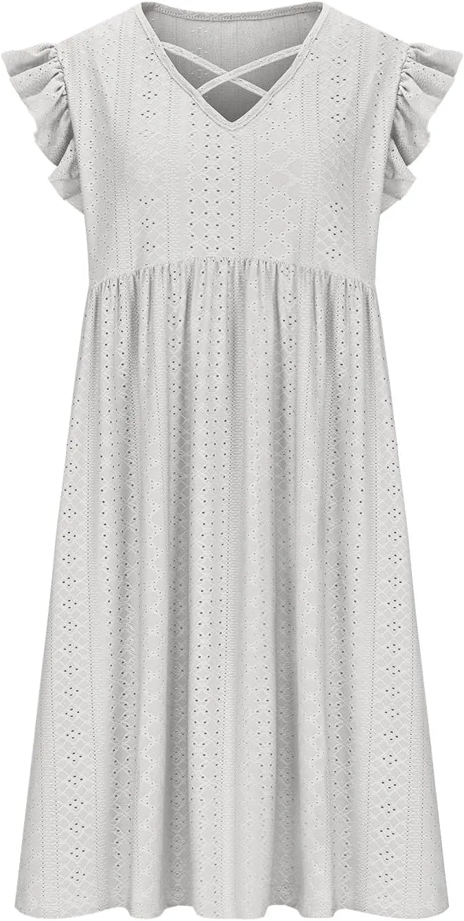 Xiaojmake Summer Casual Boho Dresses for Women 2025 A-Line Ruffle Sleeve Dress Keyhole Beach Vacation Flowy Mini Dresses