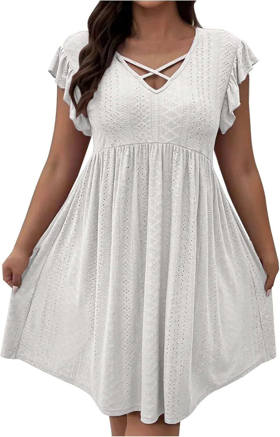 Xiaojmake Summer Casual Boho Dresses for Women 2025 A-Line Ruffle Sleeve Dress Keyhole Beach Vacation Flowy Mini Dresses