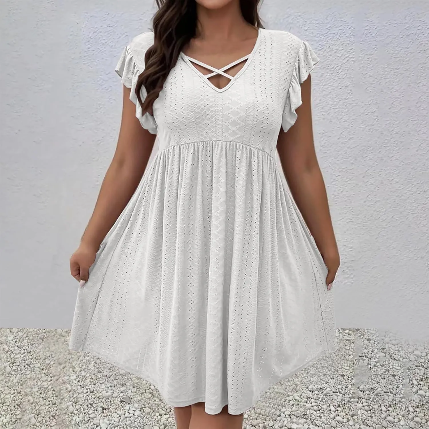 Xiaojmake Summer Casual Boho Dresses for Women 2025 A-Line Ruffle Sleeve Dress Keyhole Beach Vacation Flowy Mini Dresses