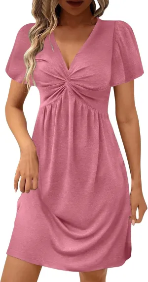 Xiaojmake Women's Casual Summer Dress Twist Front V Neck Short Sleeve Mini Dress Club Party Ruffle Tunic Bodycon Mini Dresses