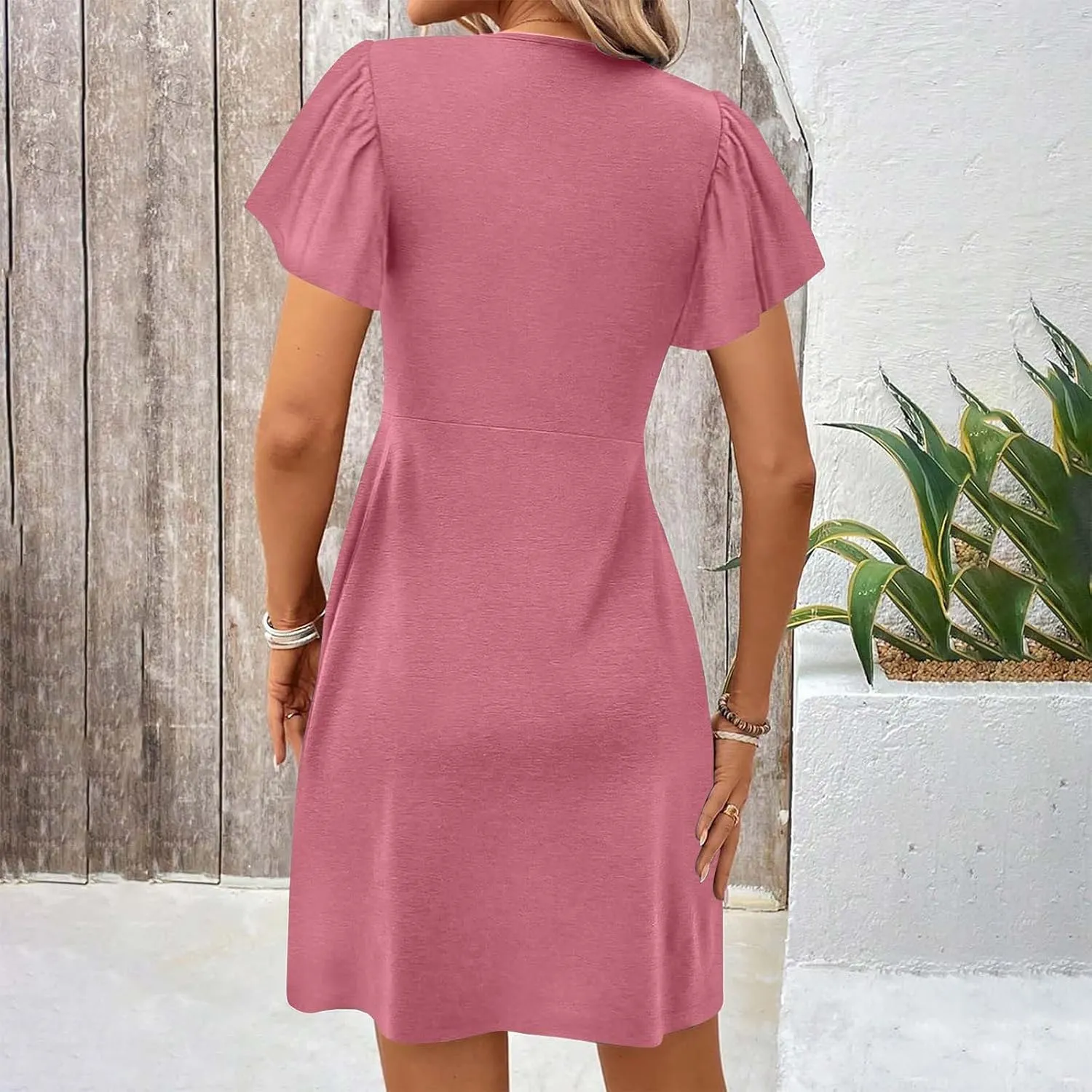 Xiaojmake Women's Casual Summer Dress Twist Front V Neck Short Sleeve Mini Dress Club Party Ruffle Tunic Bodycon Mini Dresses