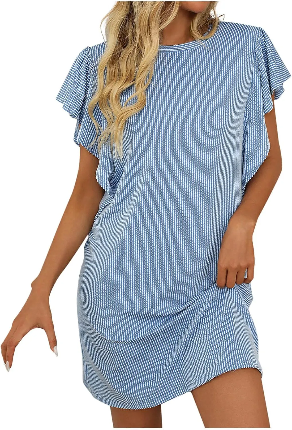 Xiaojmake Womens Sleep Dress Waffle Casual Summer Vacation Dresses Crewneck Batwing Ruffle Sleeve Knitted Mini Dresses 2025