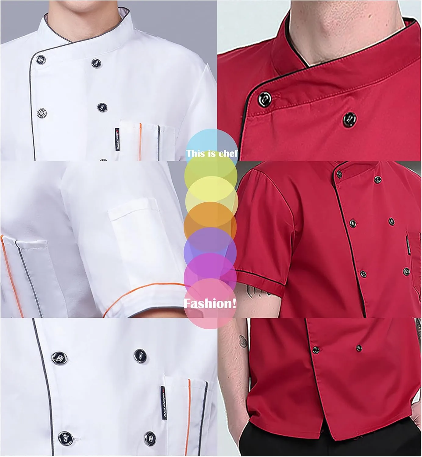XINFU Unisex Chef Coat Long Sleeves/Short Sleeves Double-Breasted Kitchen Chef Uniform