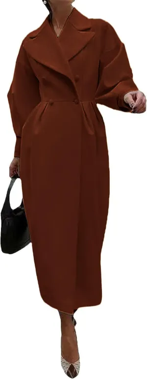 XSTH 2025 Women Wool Coat Double Breasted Lapel Pea Coats Ankle Length Solid Color Overcoat Lantern Sleeve Long Trench Coat