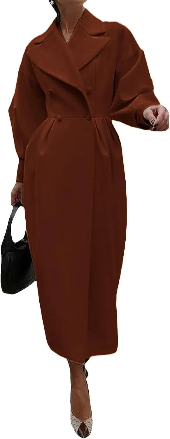 XSTH 2025 Women Wool Coat Double Breasted Lapel Pea Coats Ankle Length Solid Color Overcoat Lantern Sleeve Long Trench Coat