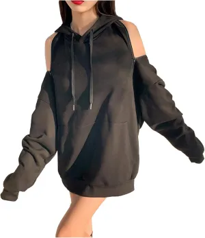 xxxiticat Women's Off The Shoulder Hoodies Long Sleeve Plain Tunic Cold Shoulder Pullover Black Oversized Hooded Sweatshirt
