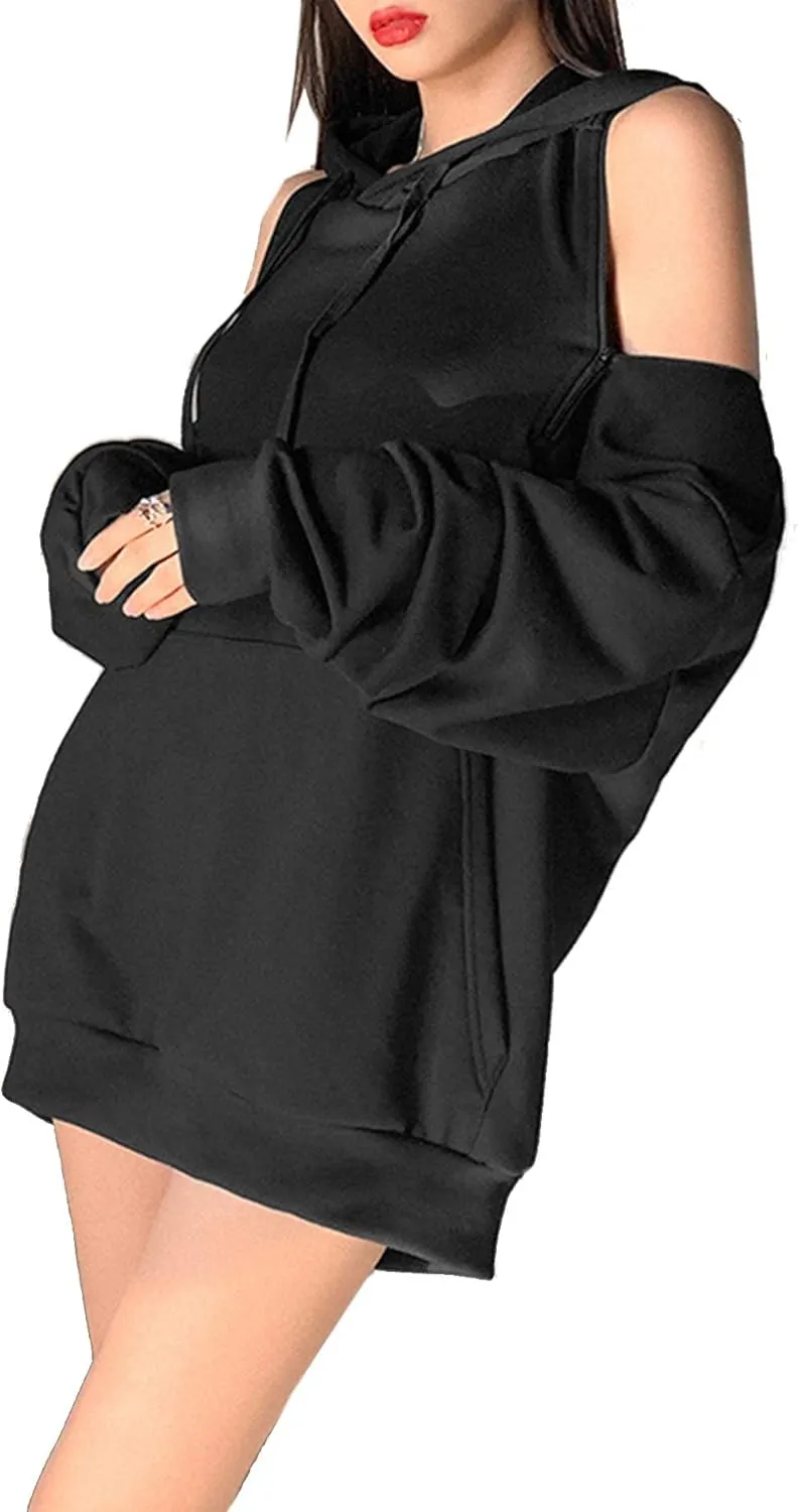 xxxiticat Women's Off The Shoulder Hoodies Long Sleeve Plain Tunic Cold Shoulder Pullover Black Oversized Hooded Sweatshirt