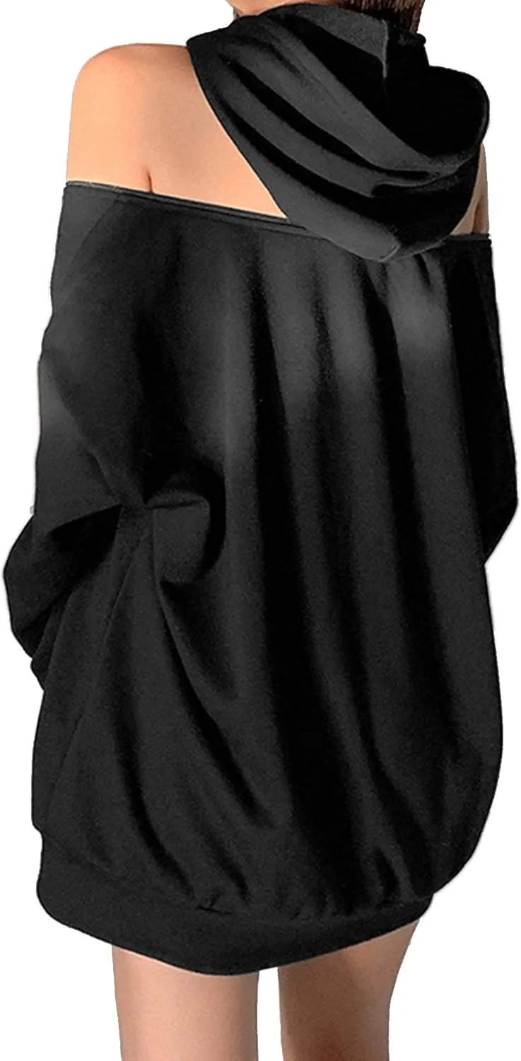 xxxiticat Women's Off The Shoulder Hoodies Long Sleeve Plain Tunic Cold Shoulder Pullover Black Oversized Hooded Sweatshirt