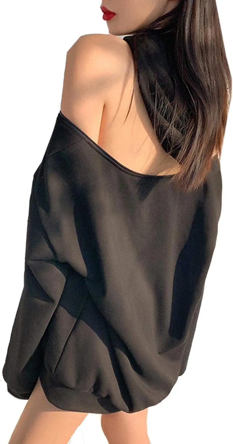 xxxiticat Women's Off The Shoulder Hoodies Long Sleeve Plain Tunic Cold Shoulder Pullover Black Oversized Hooded Sweatshirt